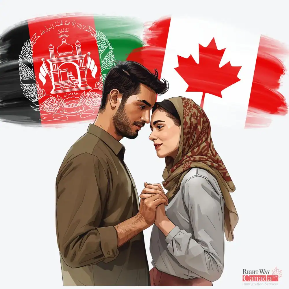 Couple with Afghan and Canadian flags representing spousal sponsorship from Afghanistan to Canada