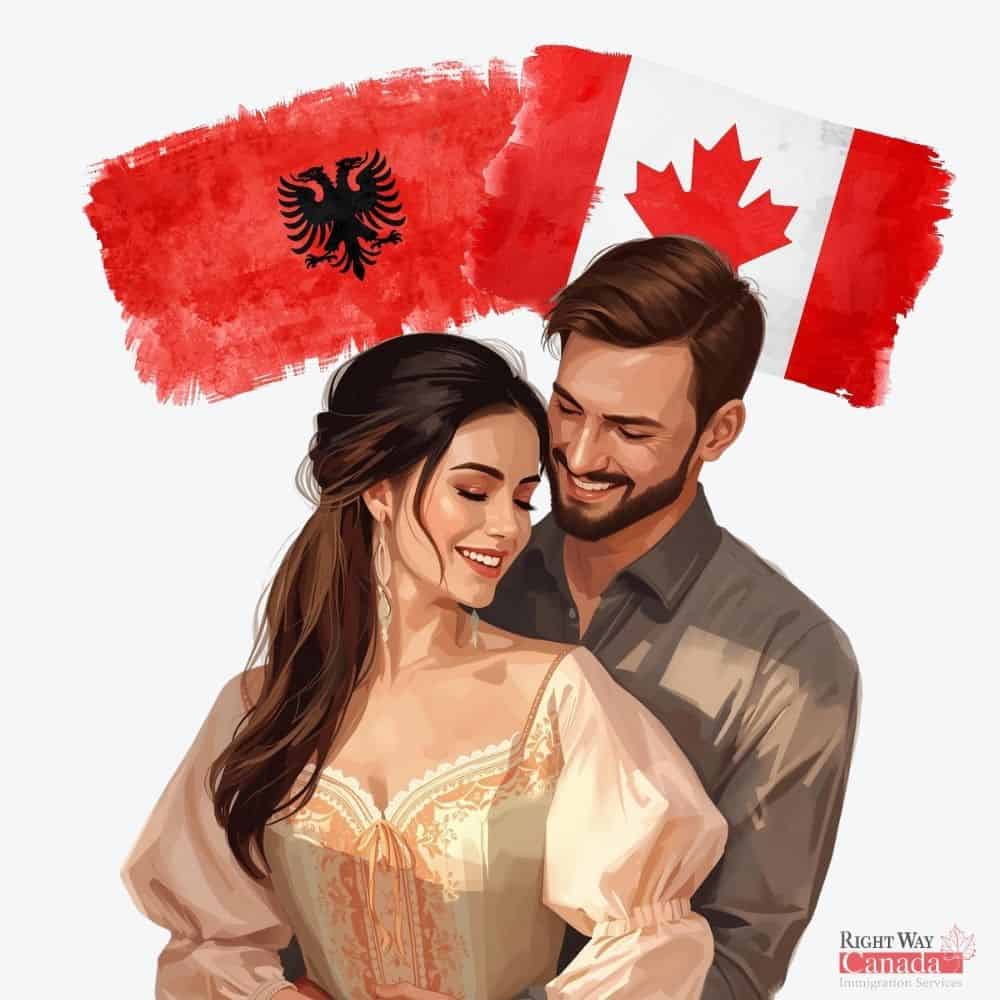 Couple with Albanian and Canadian flags representing spousal sponsorship from Albania to Canada