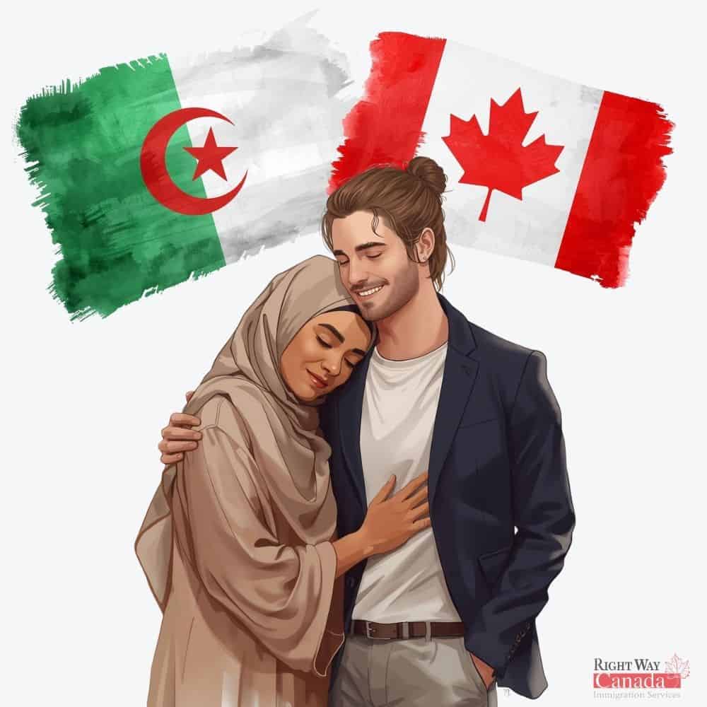 Couple with Algerian and Canadian flags representing spousal sponsorship from Algeria to Canada