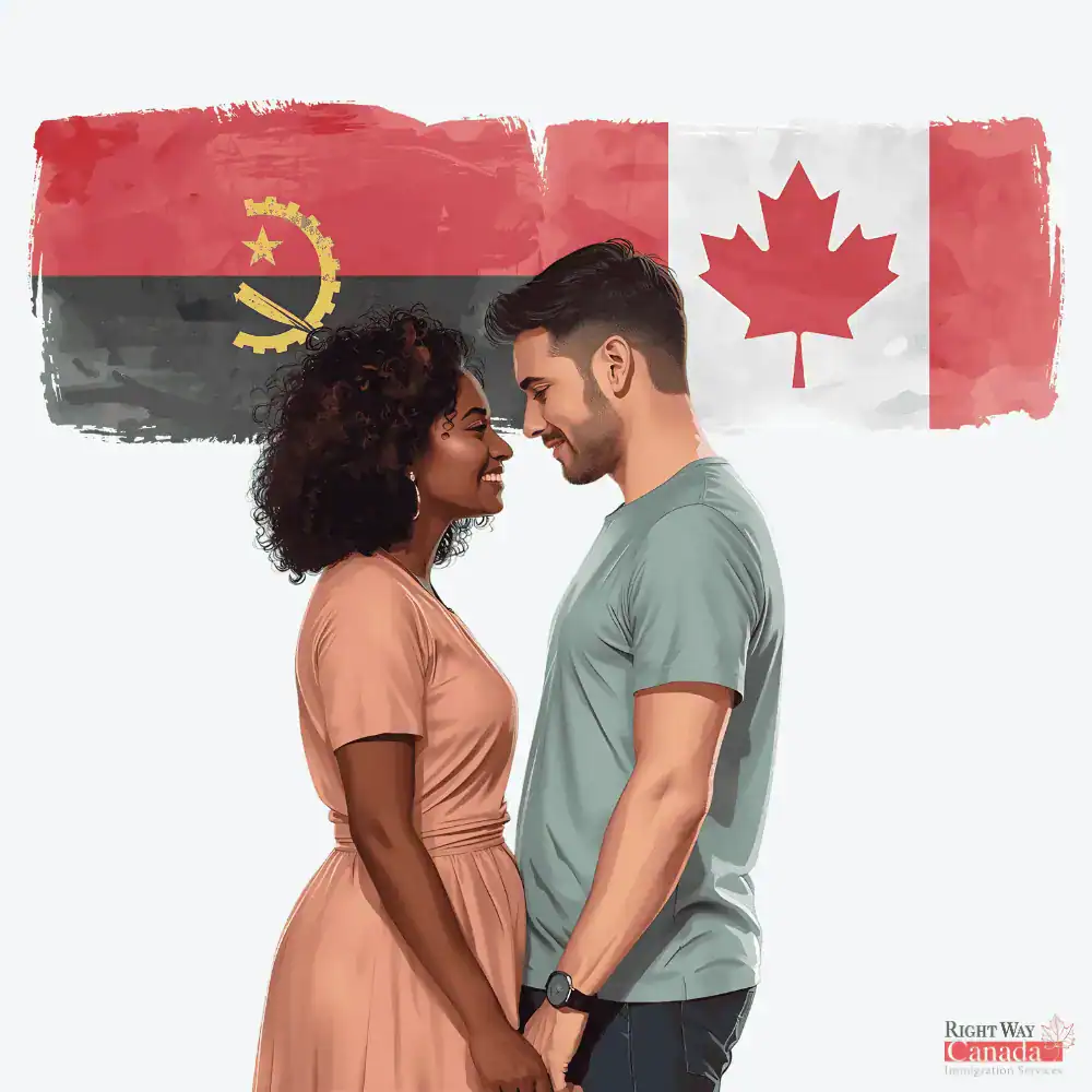 Couple with Angolan and Canadian flags representing spousal sponsorship from Angola to Canada