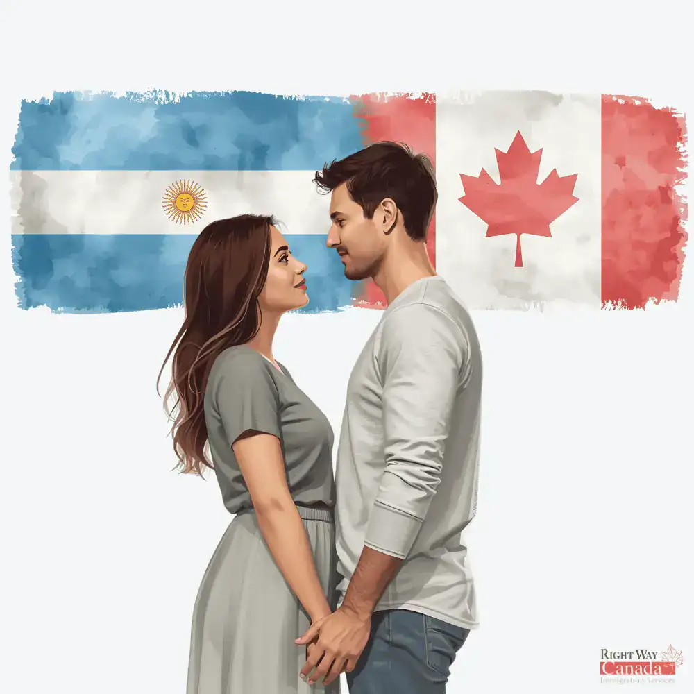 Couple with Argentine and Canadian flags representing spousal sponsorship from Argentina to Canada