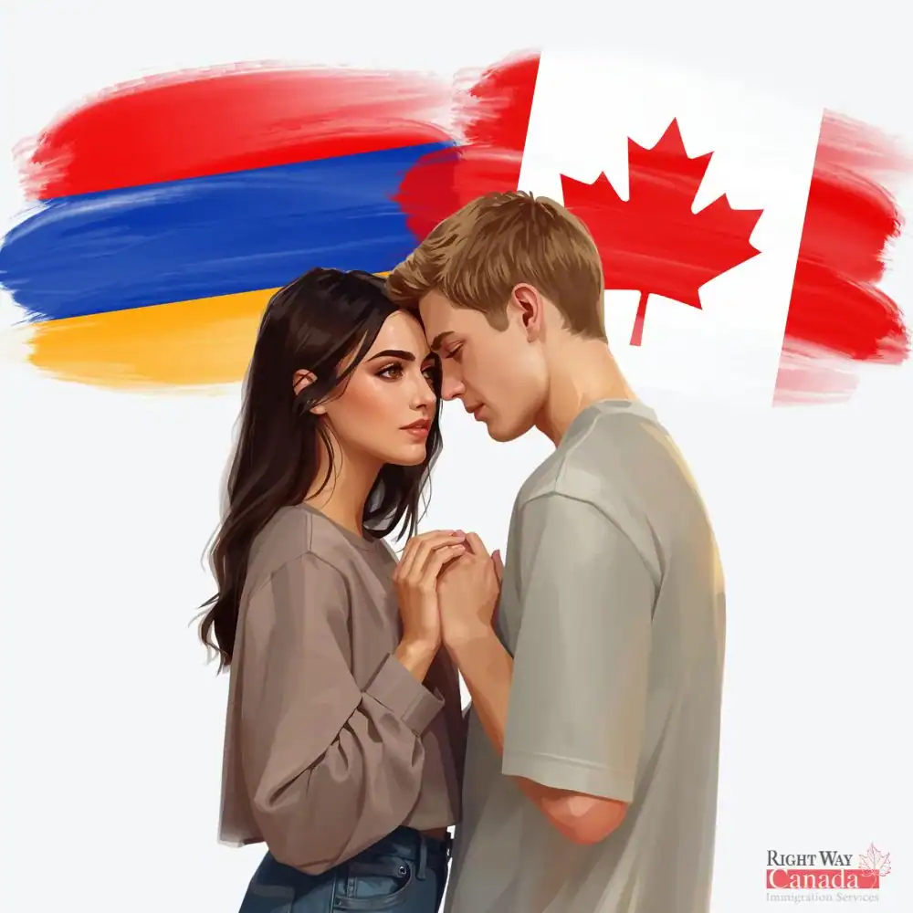 Couple with Armenian and Canadian flags representing spousal sponsorship from Armenia to Canada