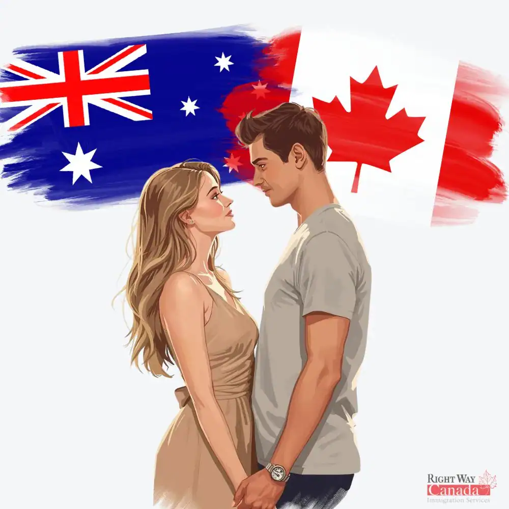 Couple with Australian and Canadian flags representing spousal sponsorship from Australia to Canada