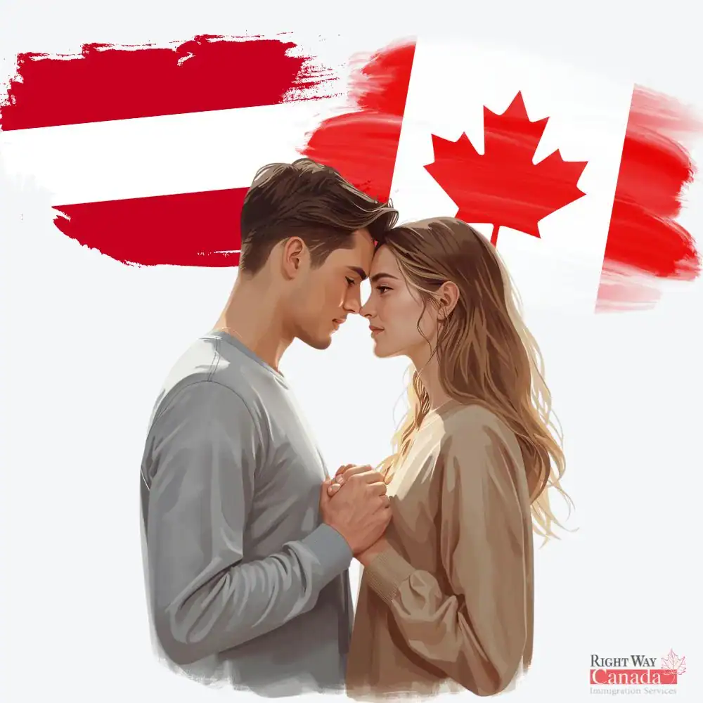 Couple with Austrian and Canadian flags representing spousal sponsorship from Austria to Canada