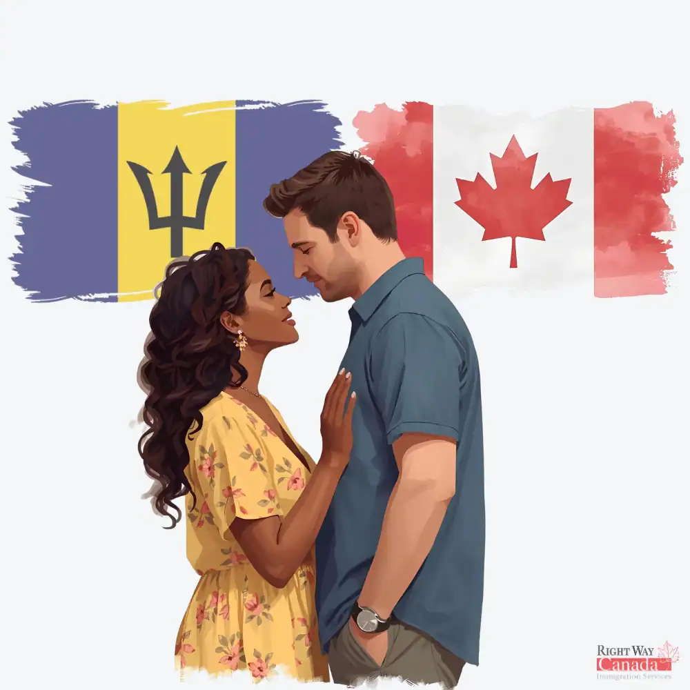 Couple with Barbadian and Canadian flags representing spousal sponsorship from Barbados to Canada