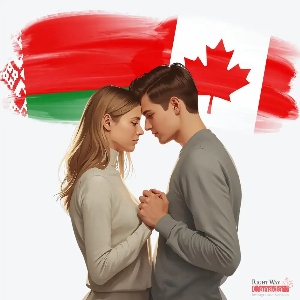 Couple with Belarusian and Canadian flags representing spousal sponsorship from Belarus to Canada
