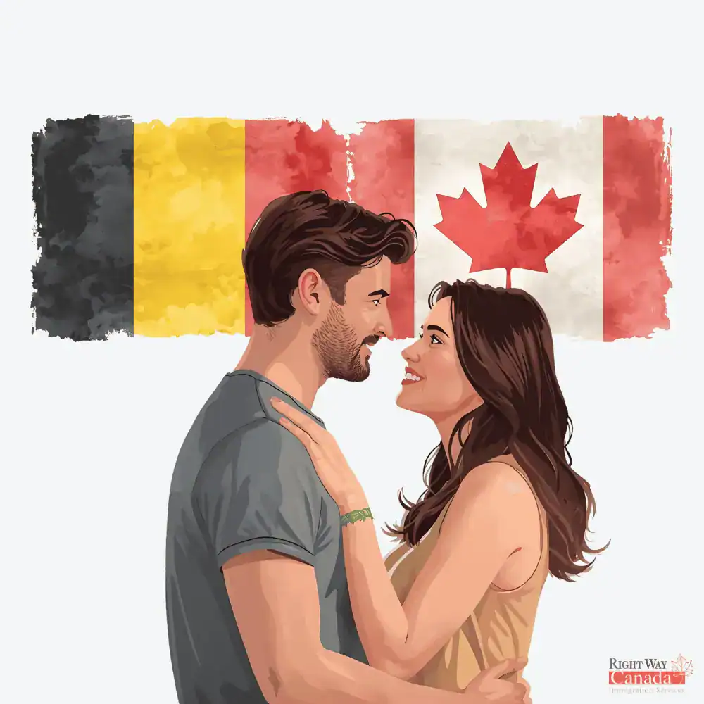 Couple with Belgian and Canadian flags representing spousal sponsorship from Belgium to Canada