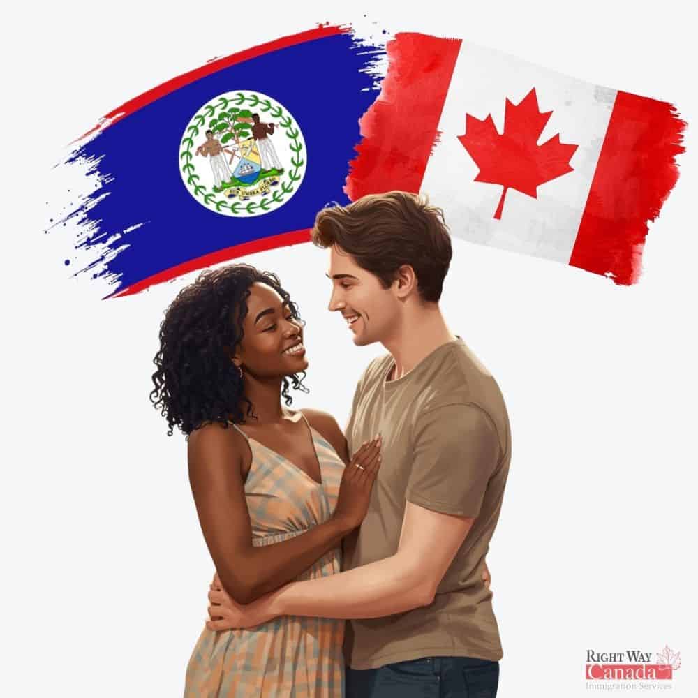 Couple with Belizean and Canadian flags representing spousal sponsorship from Belize to Canada