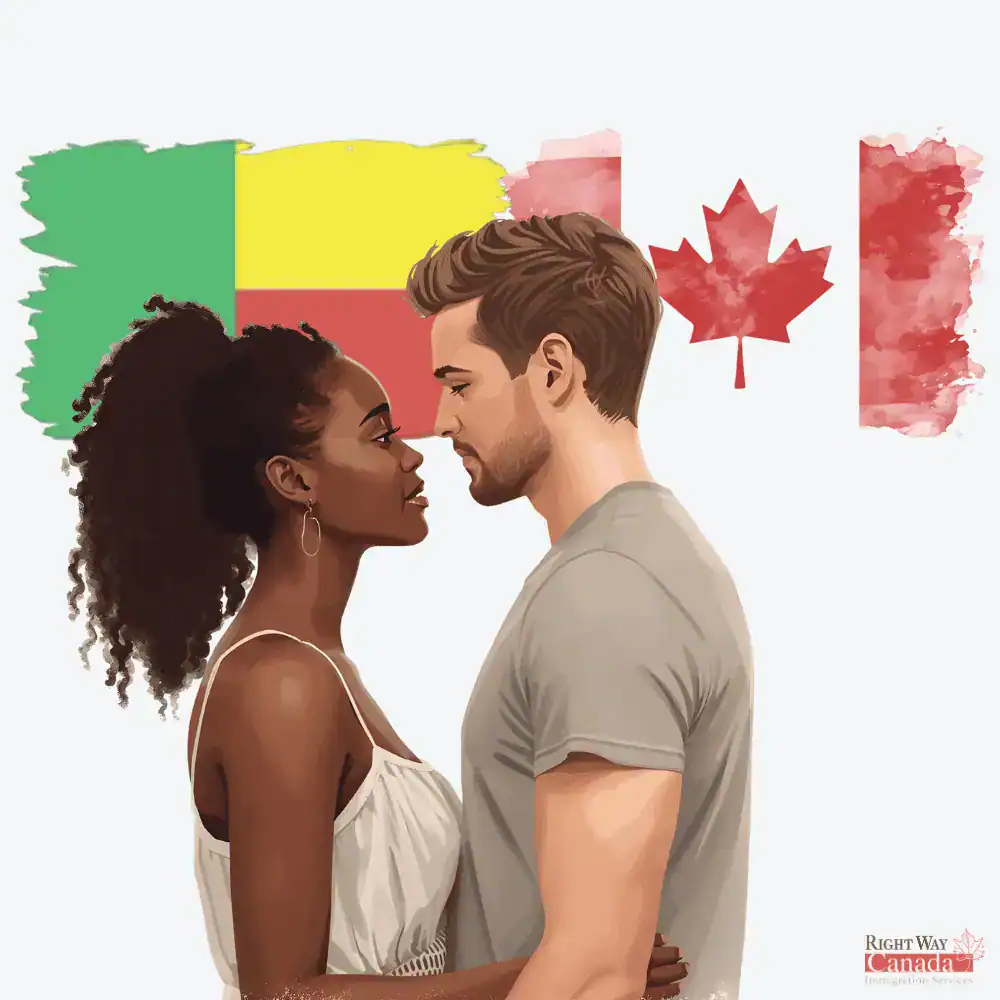 Couple with Beninese and Canadian flags representing spousal sponsorship from Benin to Canada