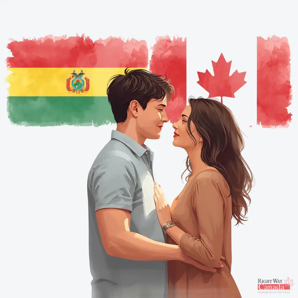 Couple with Bolivian and Canadian flags representing spousal sponsorship from Bolivia to Canada