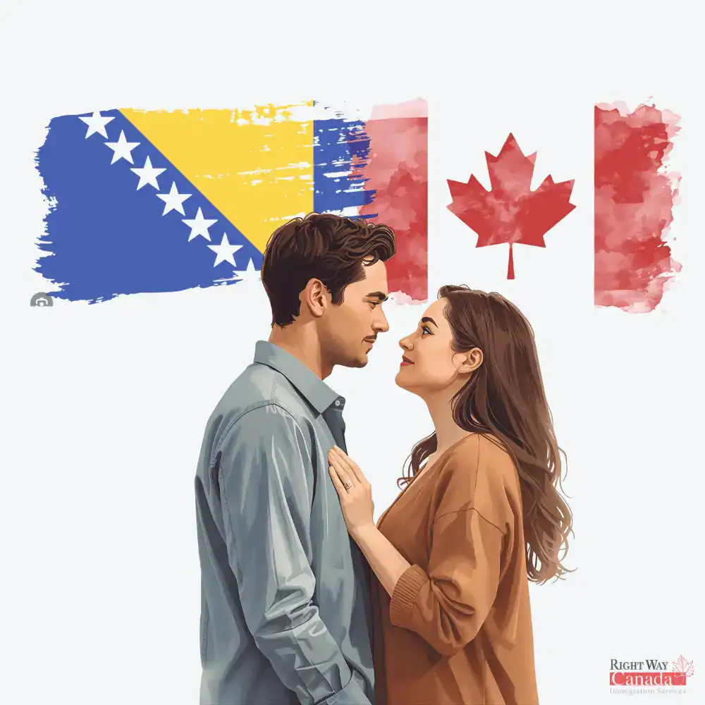 Couple with Bosnian and Herzegovinian and Canadian flags representing spousal sponsorship from Bosnia-Herzegovina to Canada