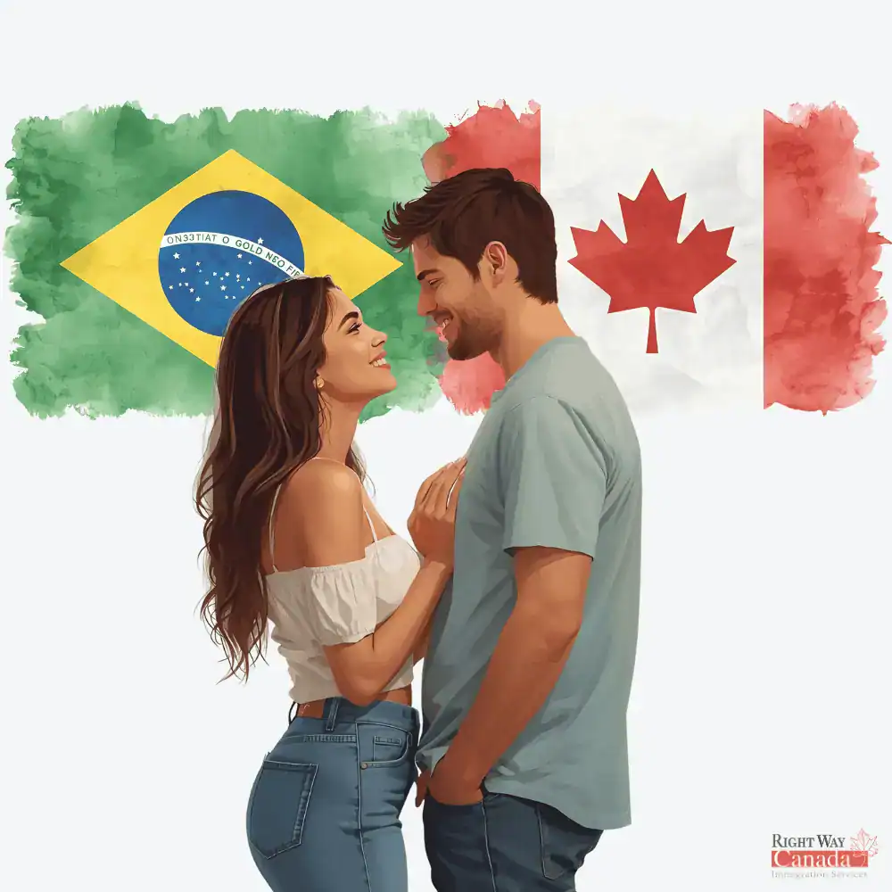 Couple with Brazilian and Canadian flags representing spousal sponsorship from Brazil to Canada