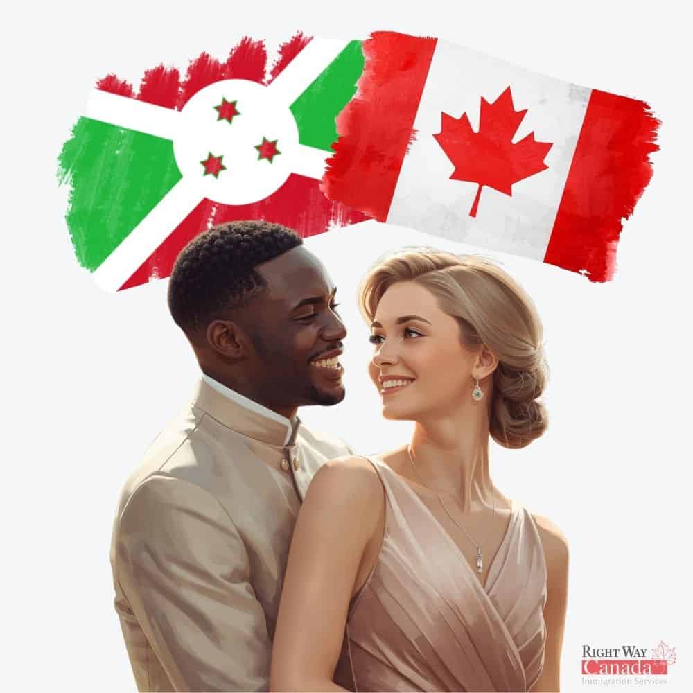 Couple with Burundian and Canadian flags representing spousal sponsorship from Burundi to Canada