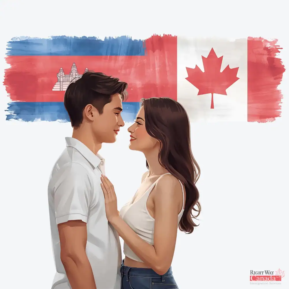Couple with Cambodian and Canadian flags representing spousal sponsorship from Cambodia to Canada
