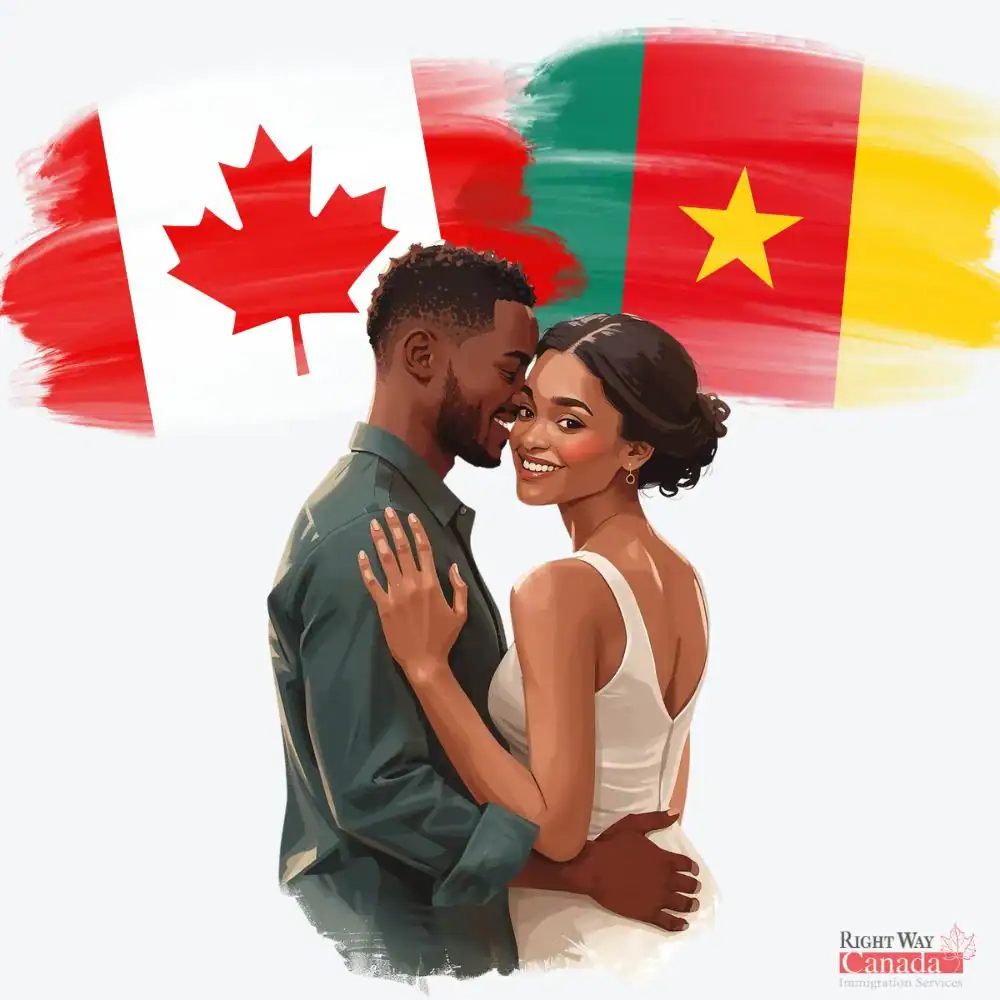 Couple with Cameroonian and Canadian flags representing spousal sponsorship from Cameroon to Canada