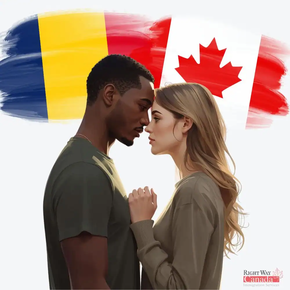 Couple with Chadian and Canadian flags representing spousal sponsorship from Chad to Canada