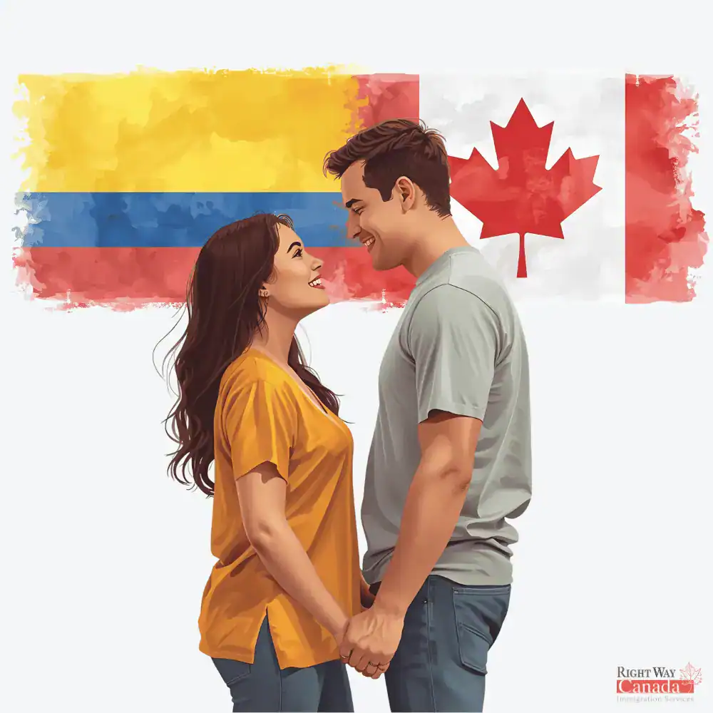 Couple with Colombian and Canadian flags representing spousal sponsorship from Colombia to Canada