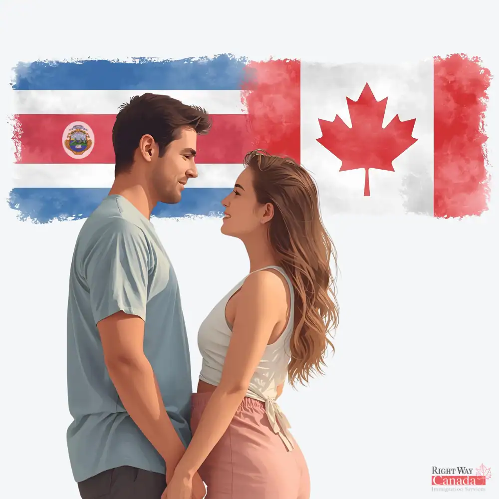 Couple with Costa Rican and Canadian flags representing spousal sponsorship from Costa Rica to Canada