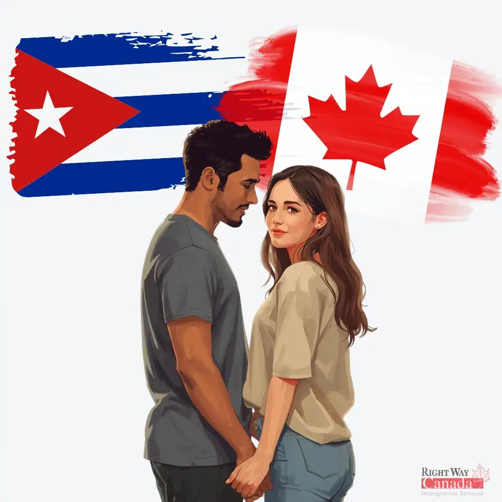 Couple with Cuban and Canadian flags representing spousal sponsorship from Cuba to Canada