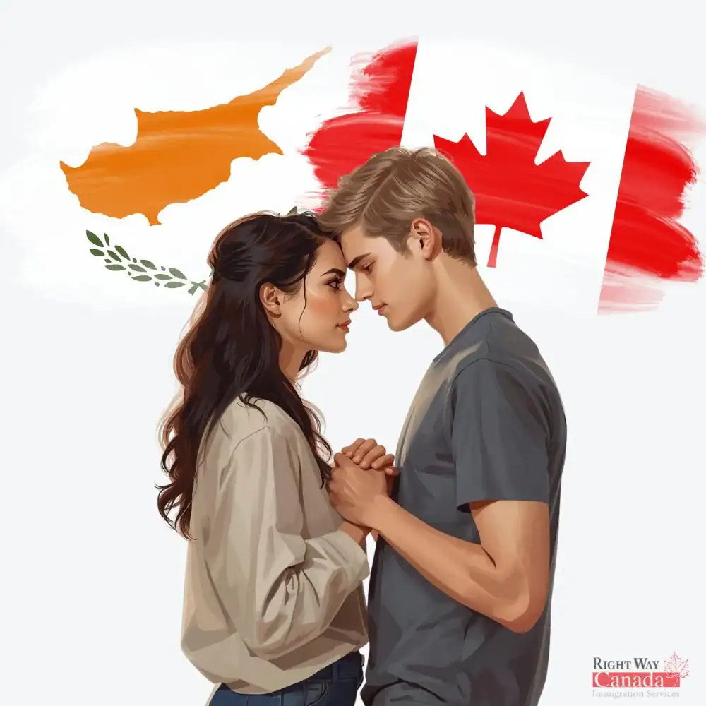 Couple with Cypriot and Canadian flags representing spousal sponsorship from Cyprus to Canada