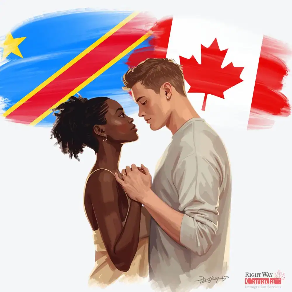 Couple with Congolese and Canadian flags representing spousal sponsorship from the Democratic Republic of the Congo to Canada