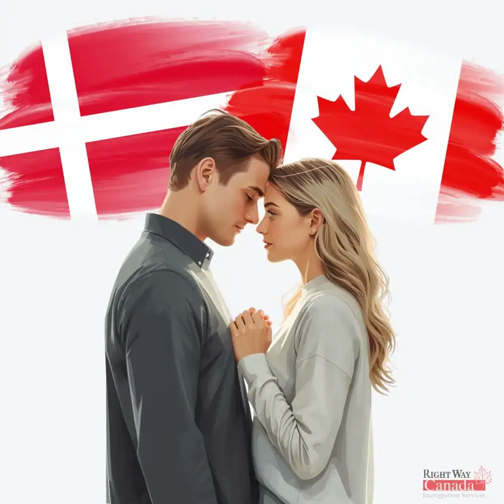 Couple with Danish and Canadian flags representing spousal sponsorship from Denmark to Canada