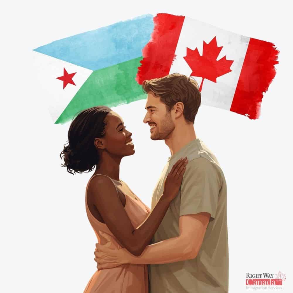 Couple with Djiboutian and Canadian flags representing spousal sponsorship from Djibouti to Canada