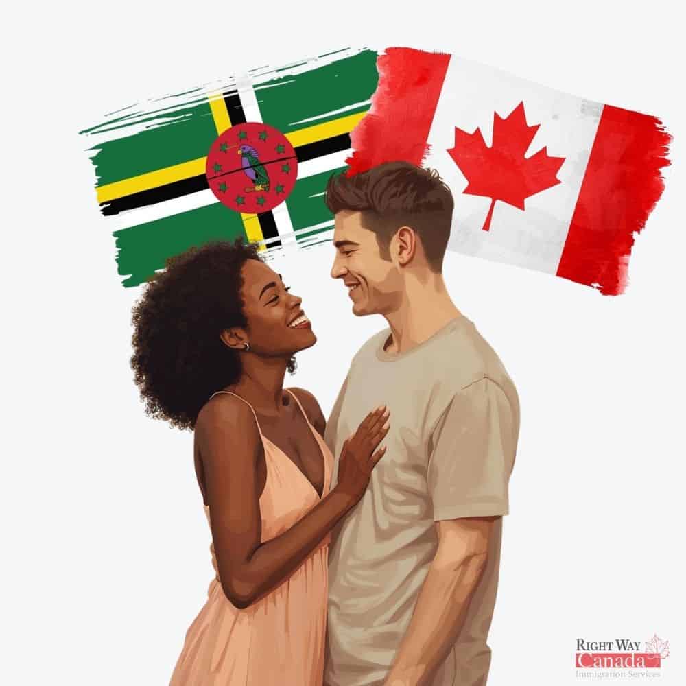 Couple with Dominican and Canadian flags representing spousal sponsorship from Dominica to Canada