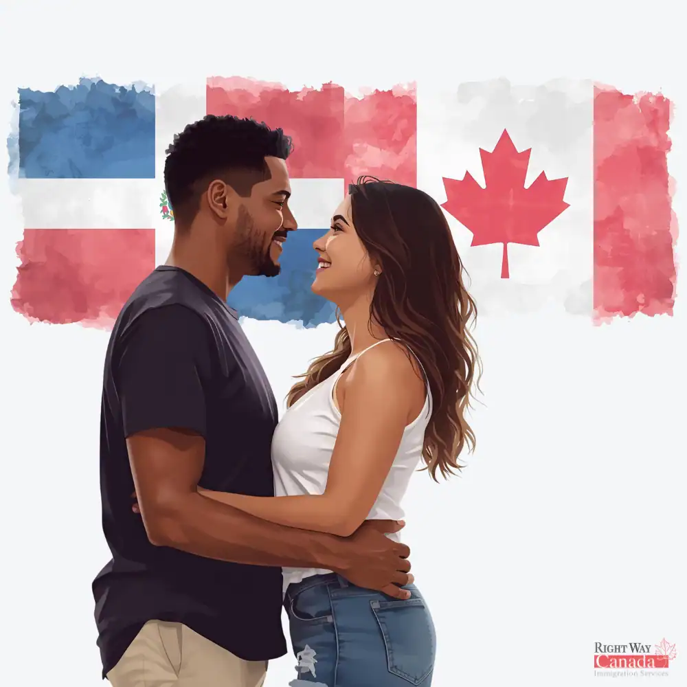 Couple with Dominican and Canadian flags representing spousal sponsorship from the Dominican Republic to Canada