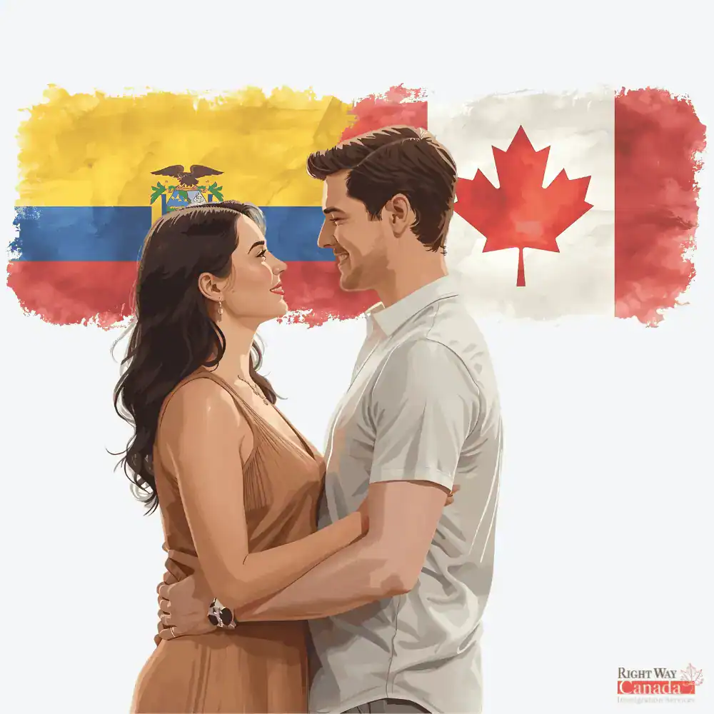 Couple with Ecuadorian and Canadian flags representing spousal sponsorship from Ecuador to Canada