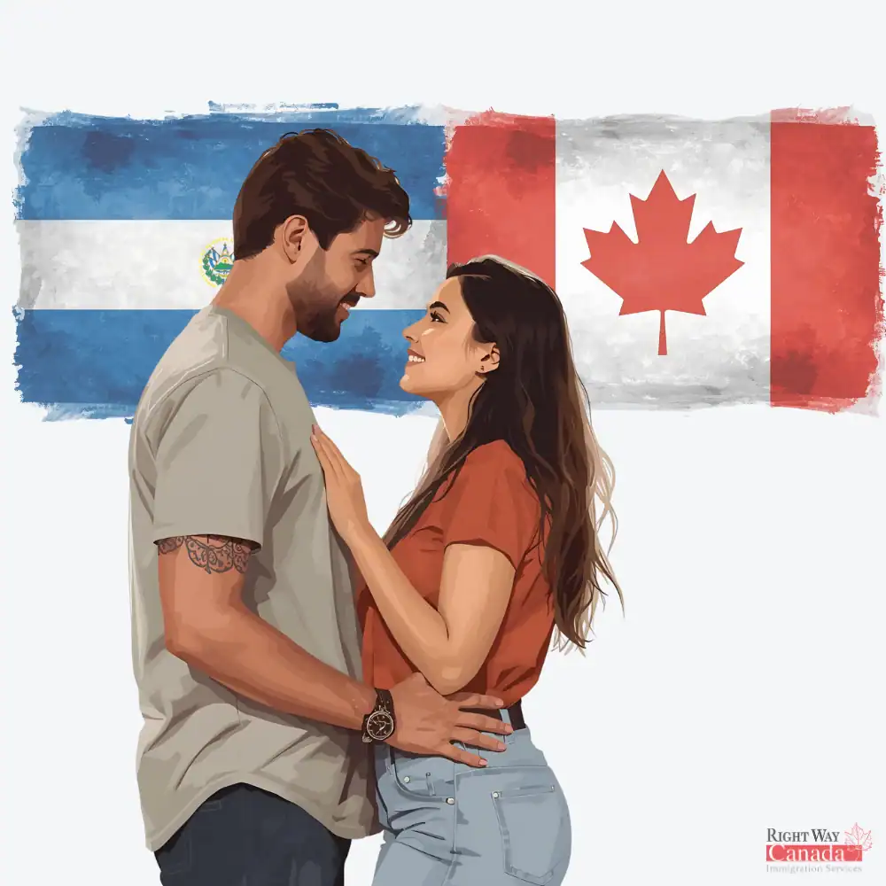 Couple with Salvadoran and Canadian flags representing spousal sponsorship from El Salvador to Canada