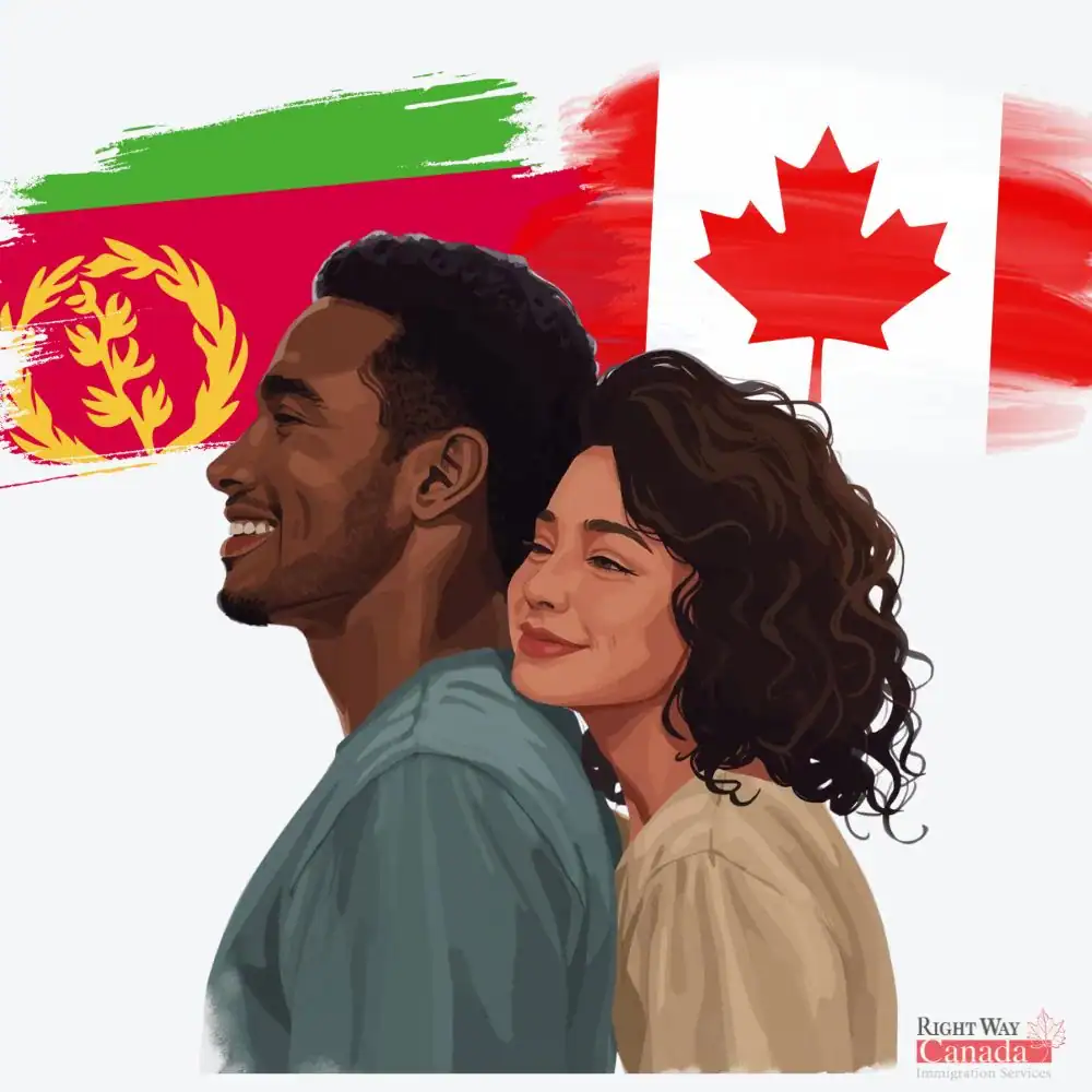 Couple with Eritrean and Canadian flags representing spousal sponsorship from Eritrea to Canada