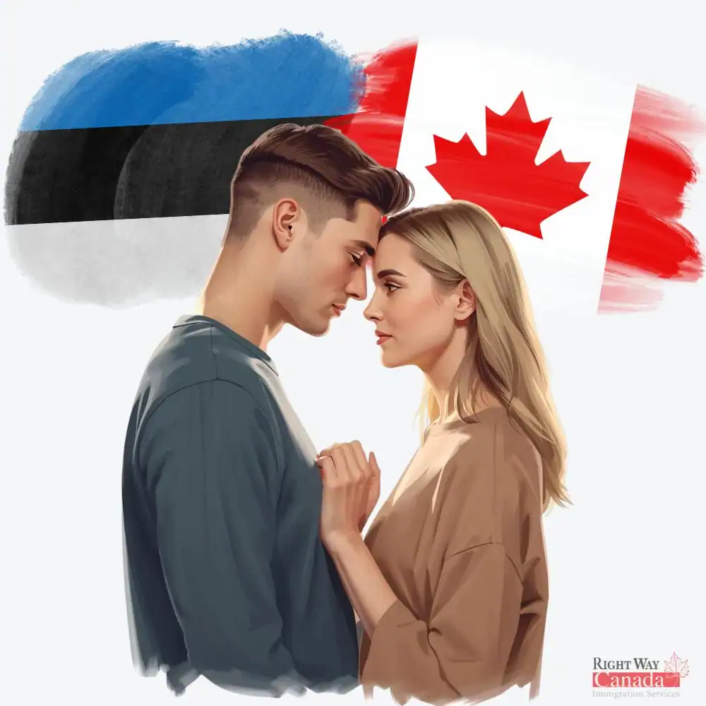 Couple with Estonian and Canadian flags representing spousal sponsorship from Estonia to Canada