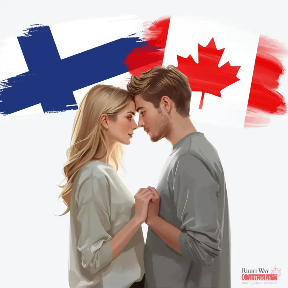 Couple with Finnish and Canadian flags representing spousal sponsorship from Finland to Canada