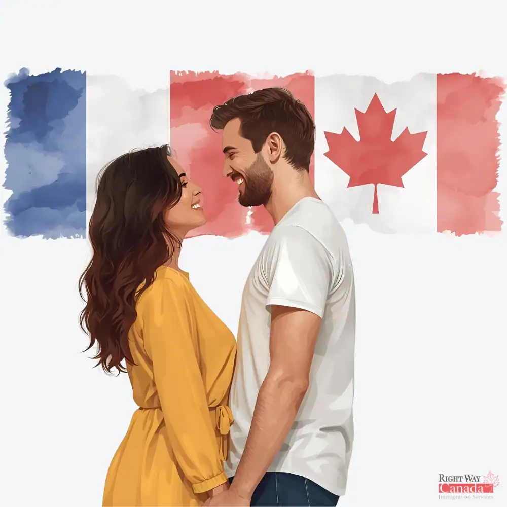 Couple with French and Canadian flags representing spousal sponsorship from France to Canada