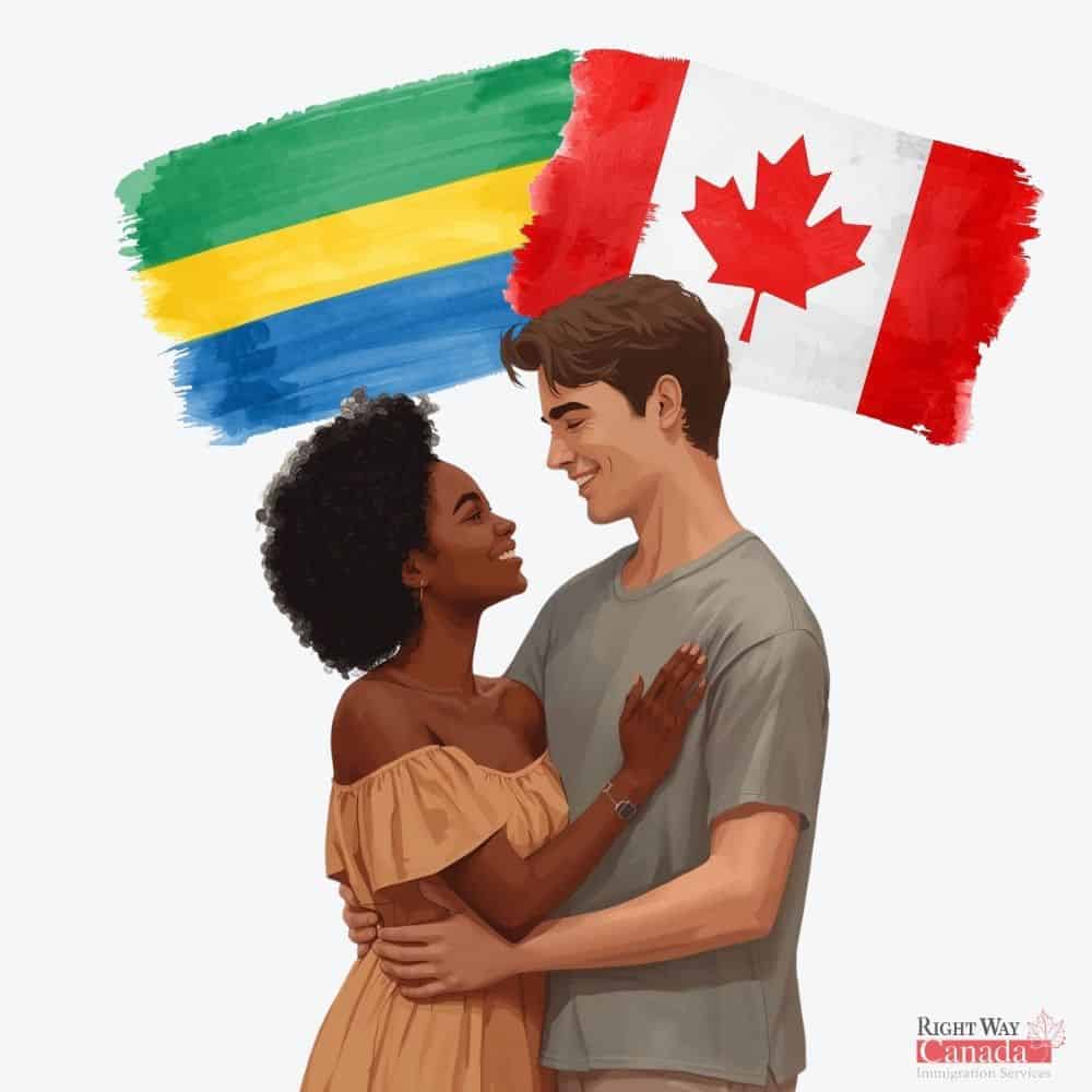 Couple with Gabonese and Canadian flags representing spousal sponsorship from Gabon to Canada