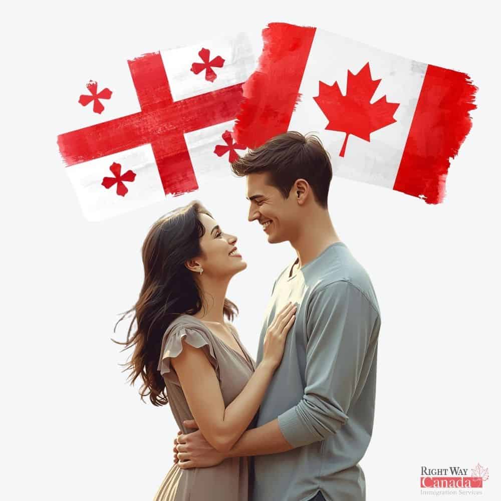 Couple with Georgian and Canadian flags representing spousal sponsorship from Georgia to Canada