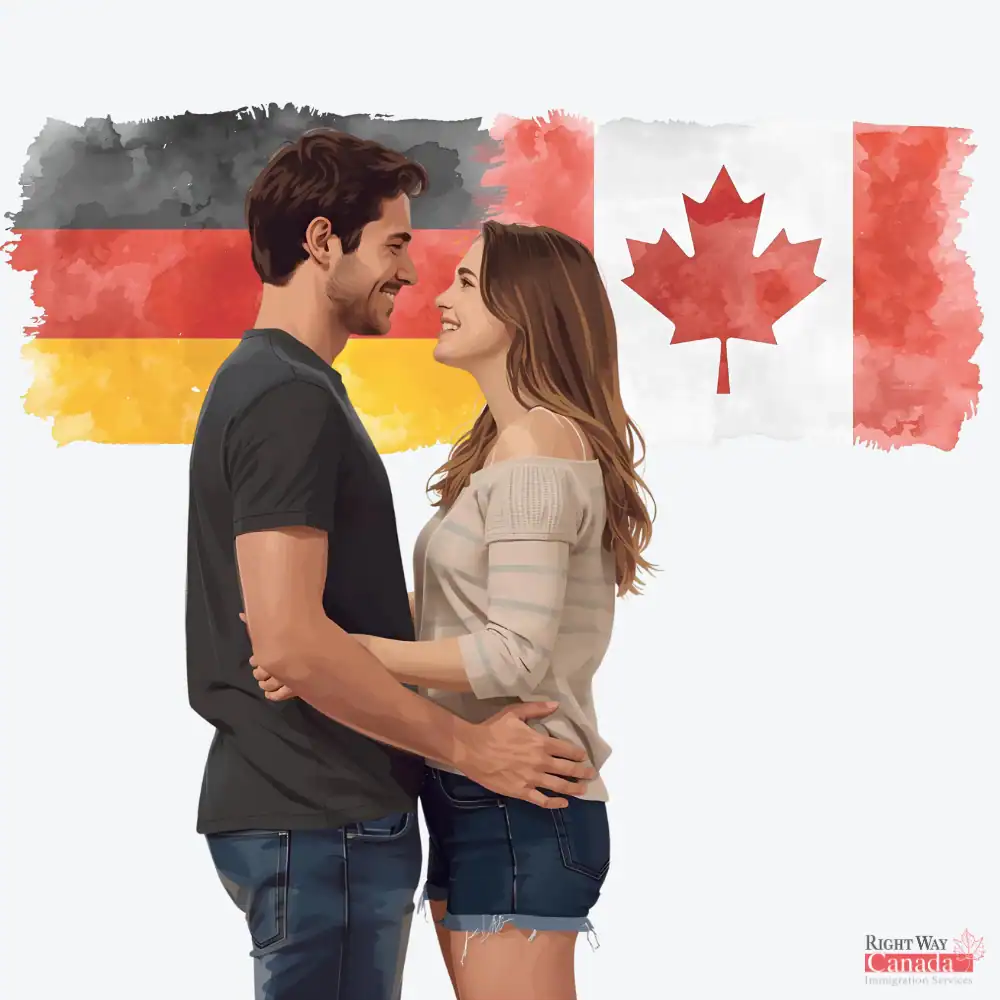 Couple with German and Canadian flags representing spousal sponsorship from Germany to Canada