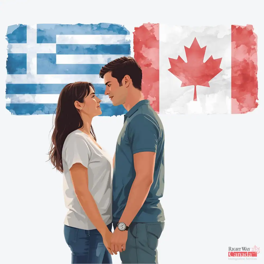 Couple with Greek and Canadian flags representing spousal sponsorship from Greece to Canada
