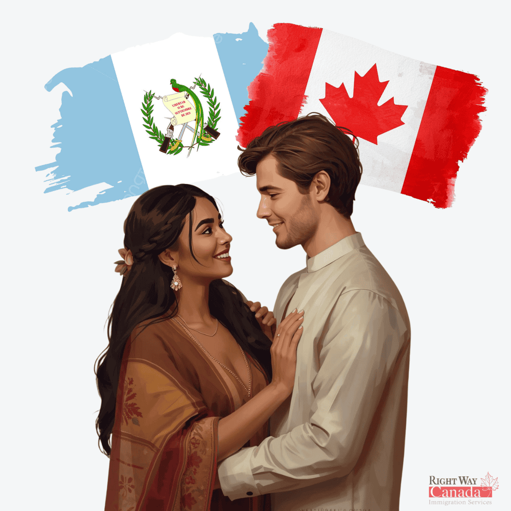 Couple with Guatemalan and Canadian flags representing spousal sponsorship from Guatemala to Canada