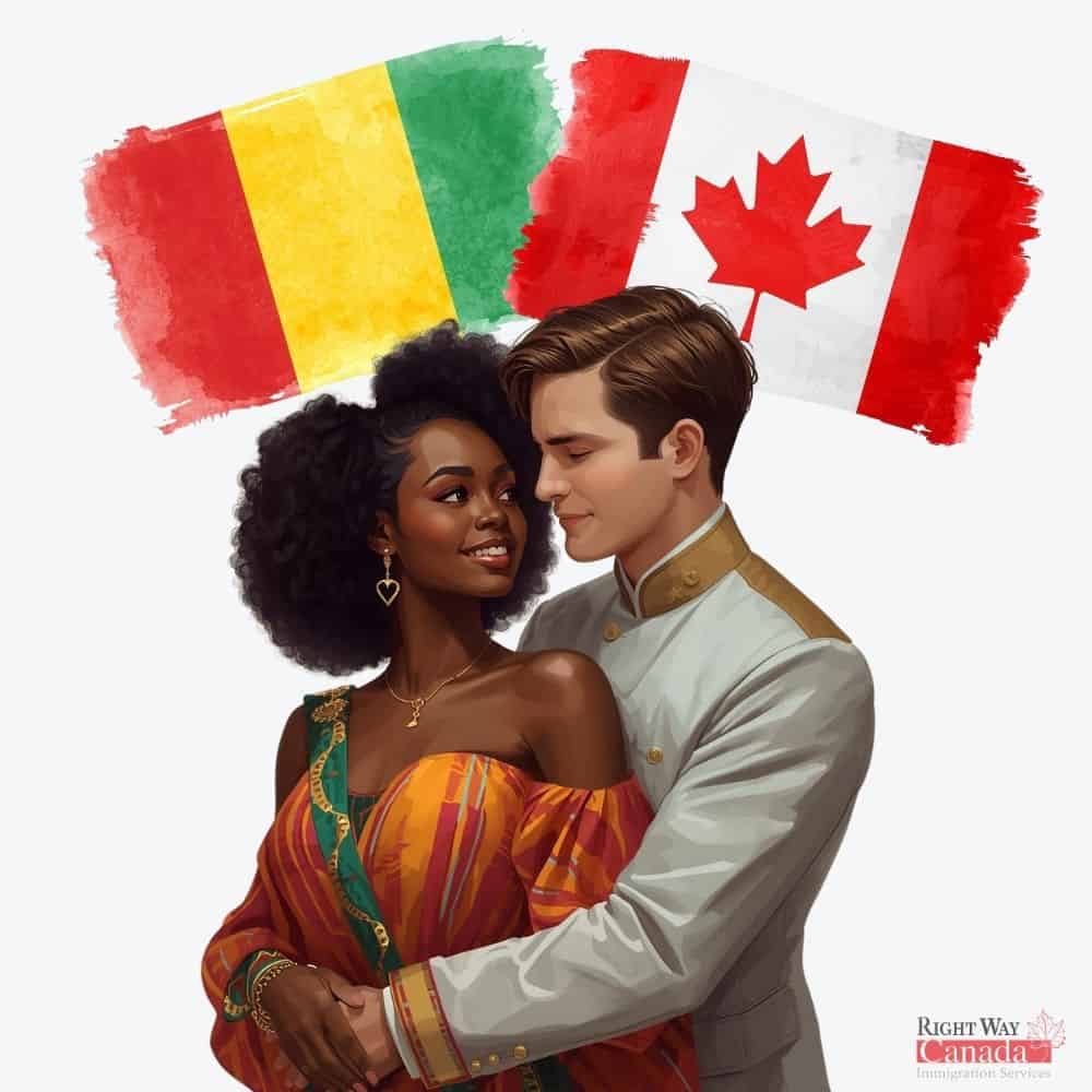 Couple with Guinean and Canadian flags representing spousal sponsorship from Guinea to Canada