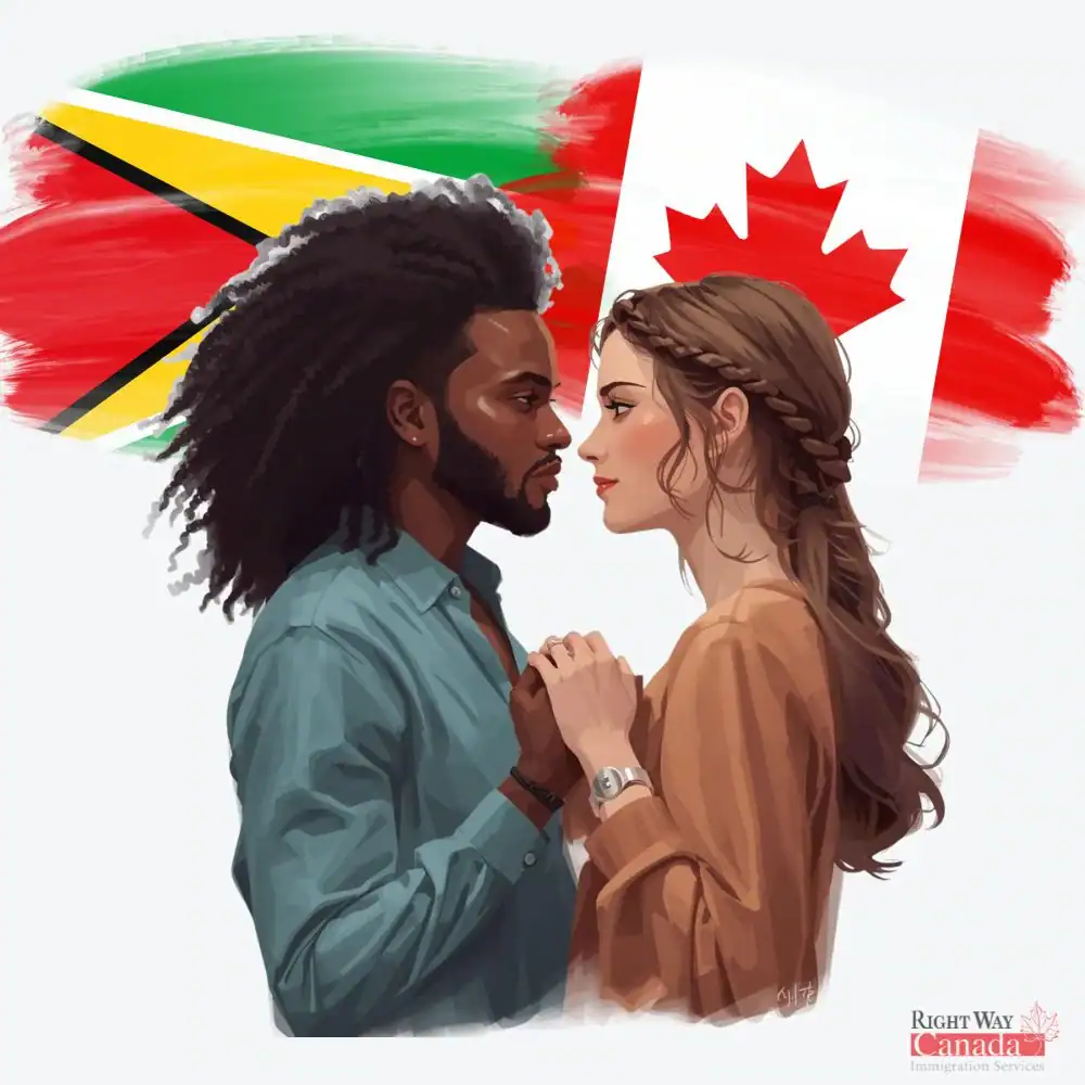 Couple with Guyanese and Canadian flags representing spousal sponsorship from Guyana to Canada