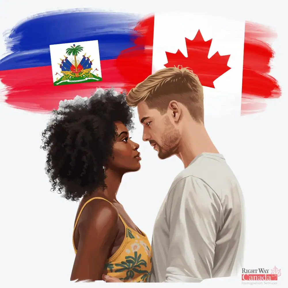 Couple with Haitian and Canadian flags representing spousal sponsorship from Haiti to Canada