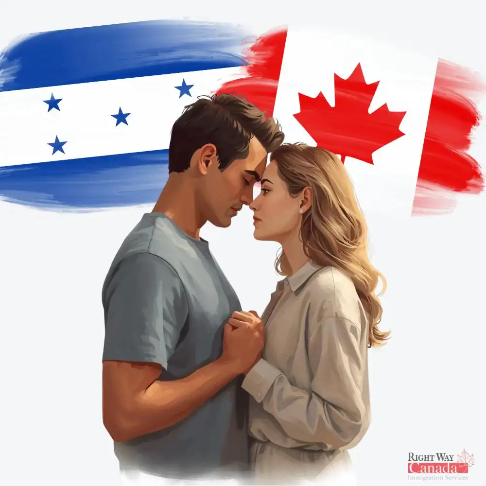 Couple with Honduran and Canadian flags representing spousal sponsorship from Honduras to Canada