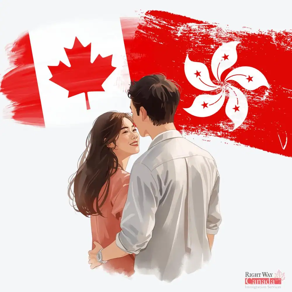 Couple with Hong Kong and Canadian flags representing spousal sponsorship from Hong Kong SAR to Canada