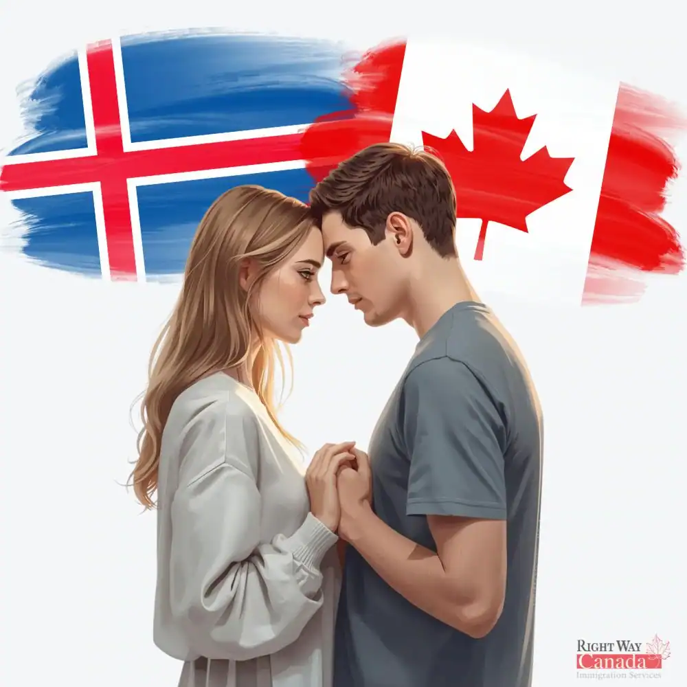 Couple with Icelandic and Canadian flags representing spousal sponsorship from Iceland to Canada