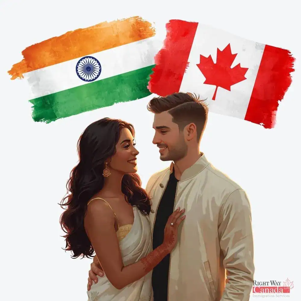 Couple with Indian and Canadian flags representing spousal sponsorship from India to Canada