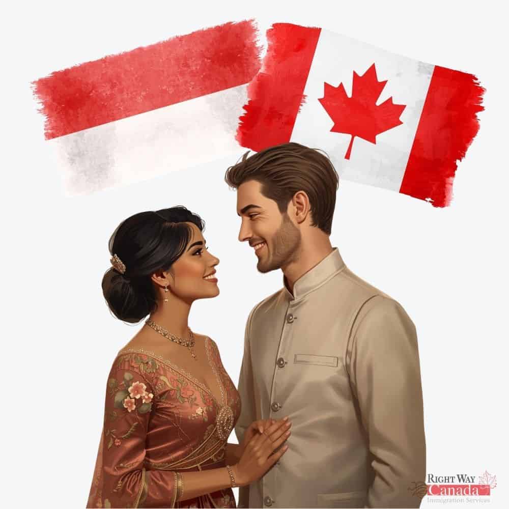 Couple with Indonesian and Canadian flags representing spousal sponsorship from Indonesia to Canada