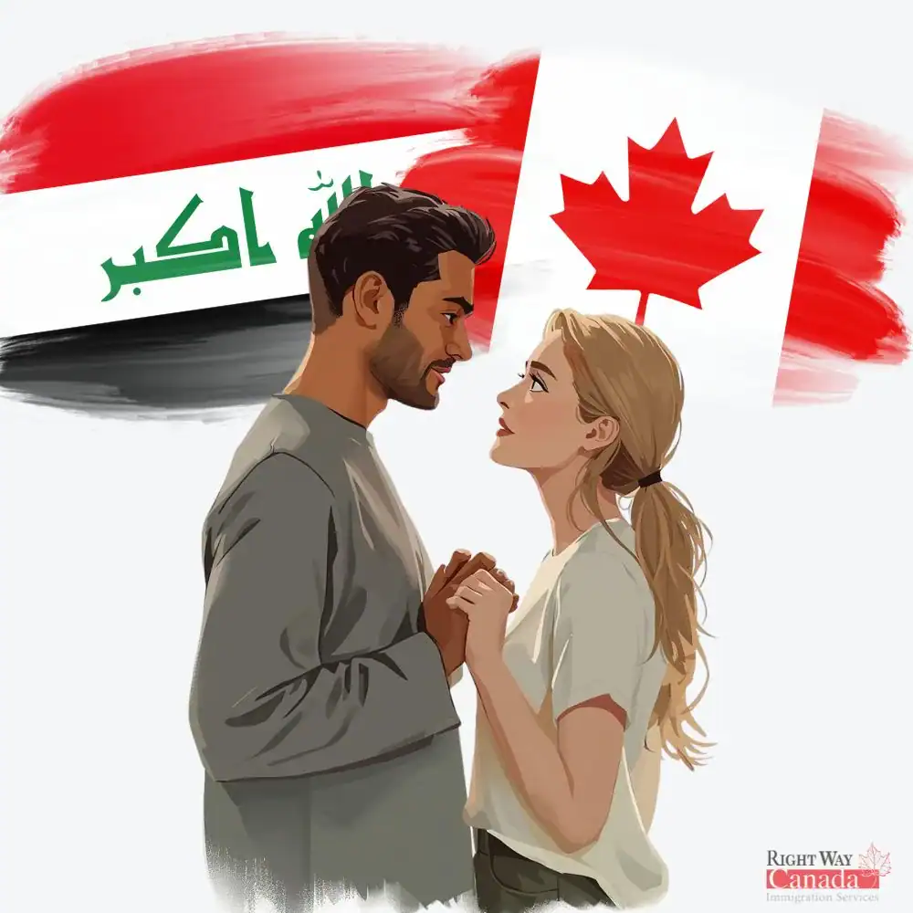 Couple with Iraqi and Canadian flags representing spousal sponsorship from Iraq to Canada