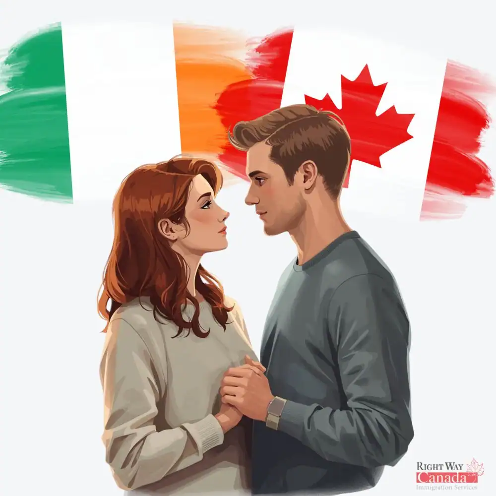 Couple with Irish and Canadian flags representing spousal sponsorship from Ireland to Canada